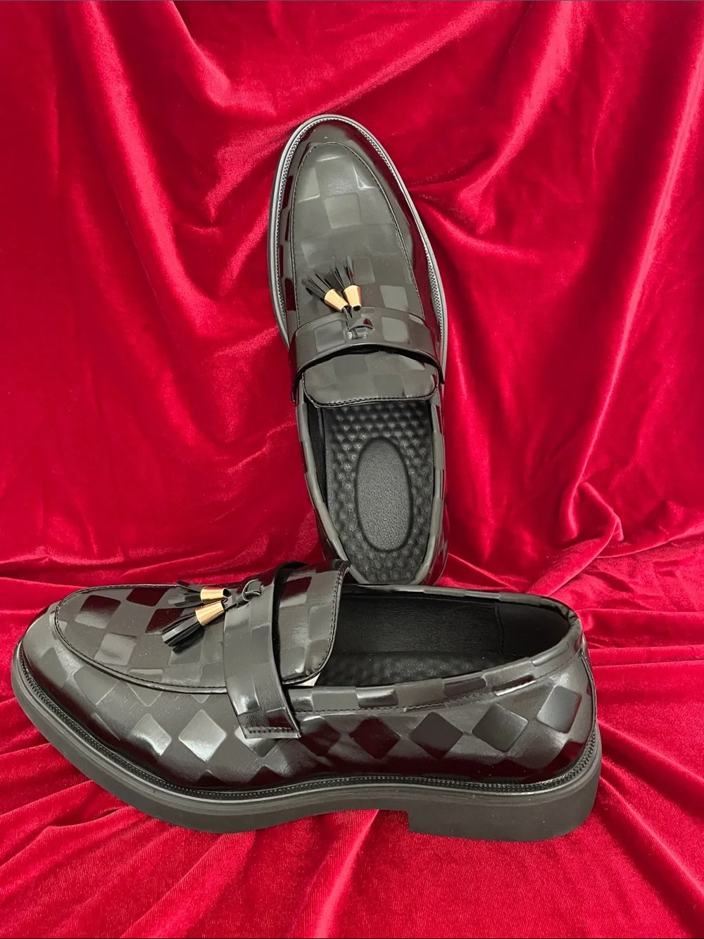 Men's Black Checker Tassel Loafers with Gold Accent
